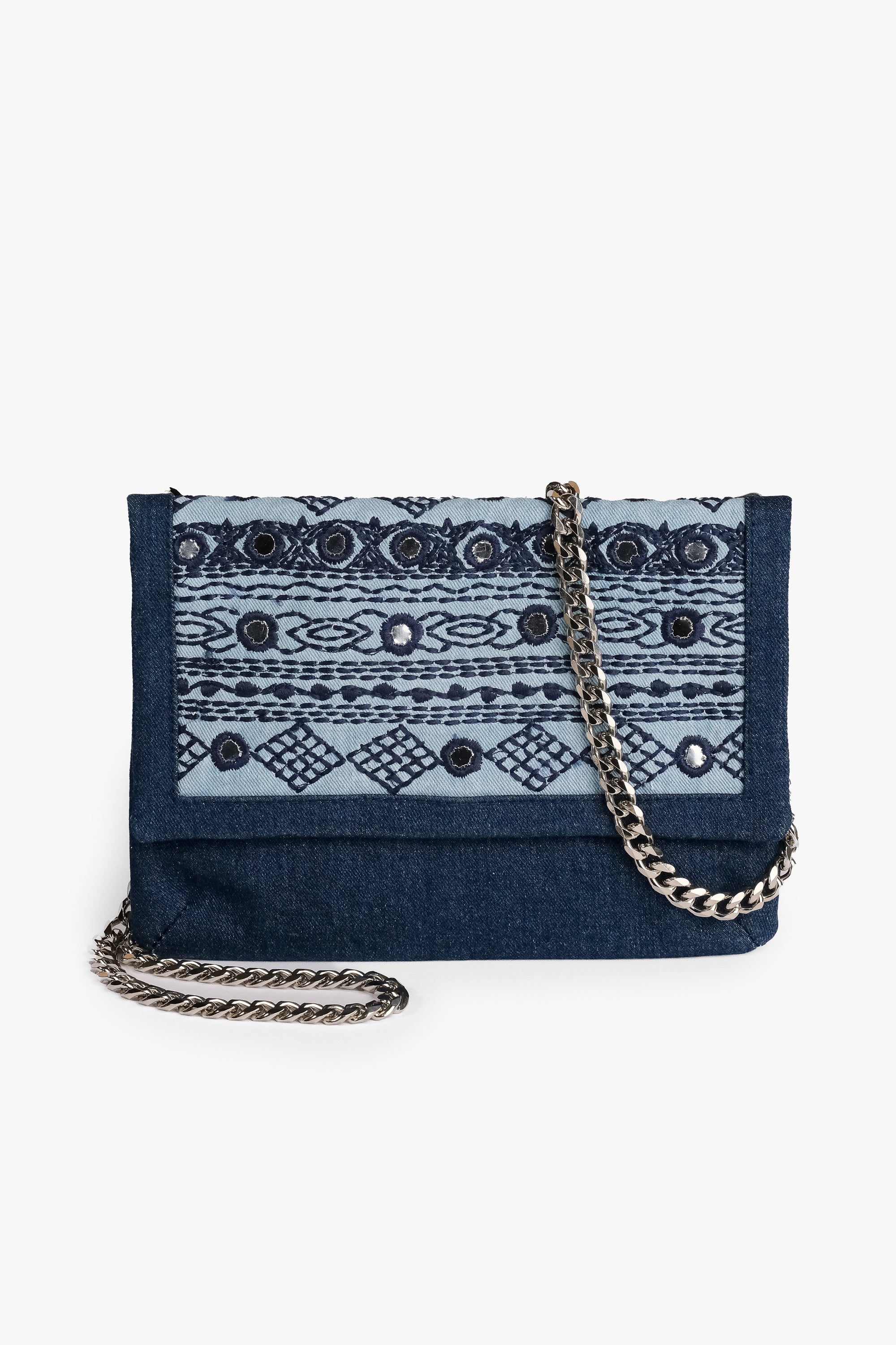Acambha's Mirror Sequin Clutch with delicate embroidery and mirror sequins, featuring a zipper closure, magnet button flap, and detachable chain strap for versatile carrying options