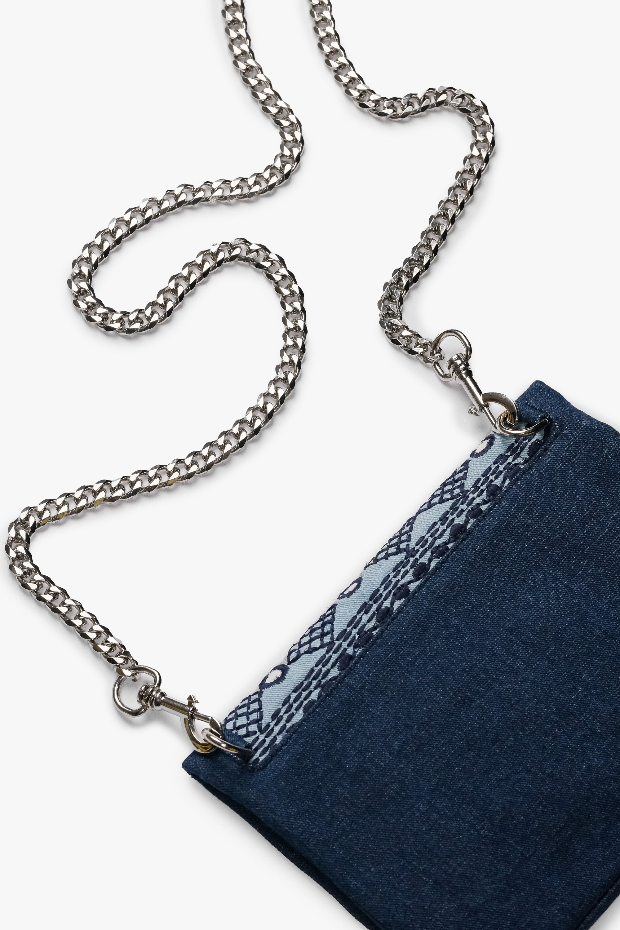 Acambha's Mirror Sequin Clutch with delicate embroidery and mirror sequins, featuring a zipper closure, magnet button flap, and detachable chain strap for versatile carrying options