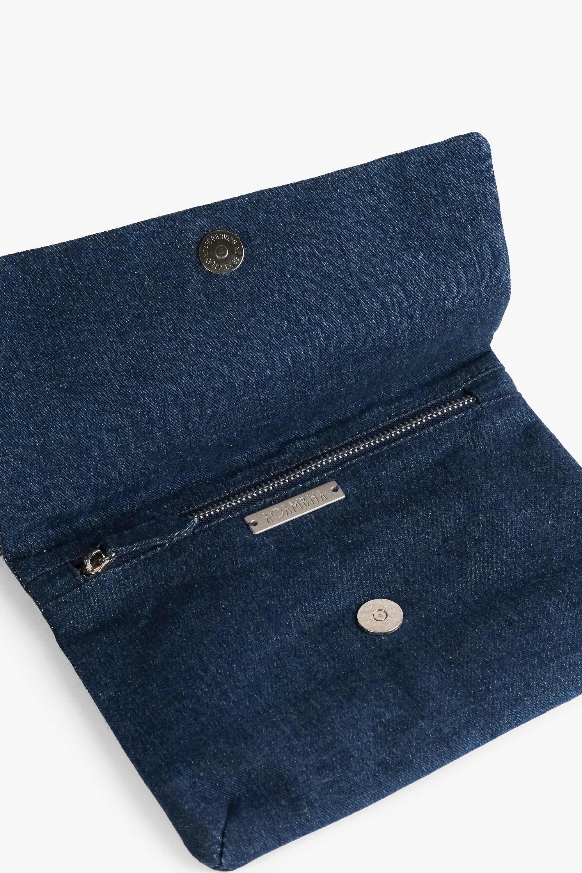 Acambha's Mirror Sequin Clutch with delicate embroidery and mirror sequins, featuring a zipper closure, magnet button flap, and detachable chain strap for versatile carrying options