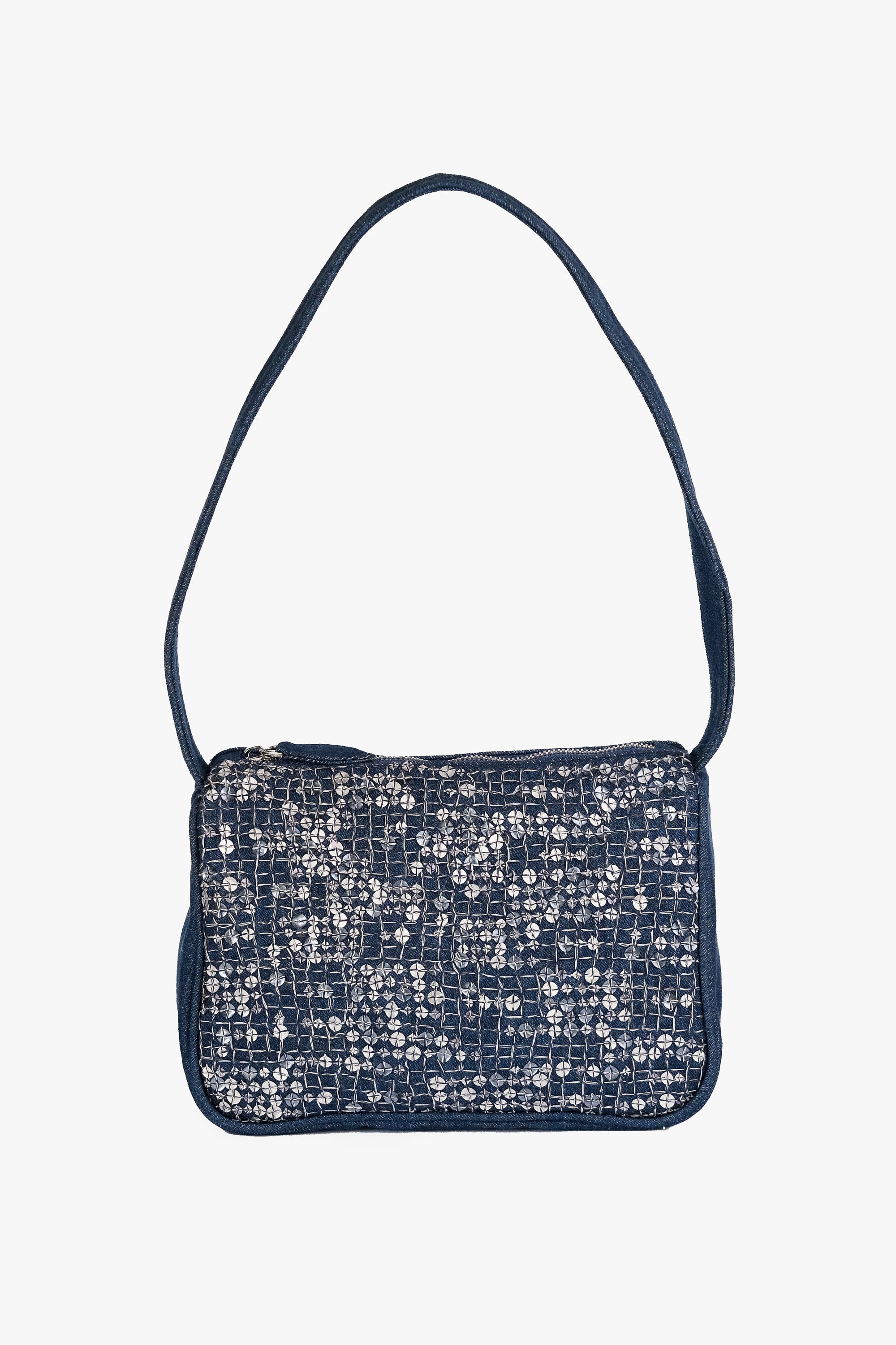 Acambha's Zipper Shoulder Bag with multi-colored sequins and dark blue hand-embroidery. Features a secure zipper closure, combining fashion and functionality