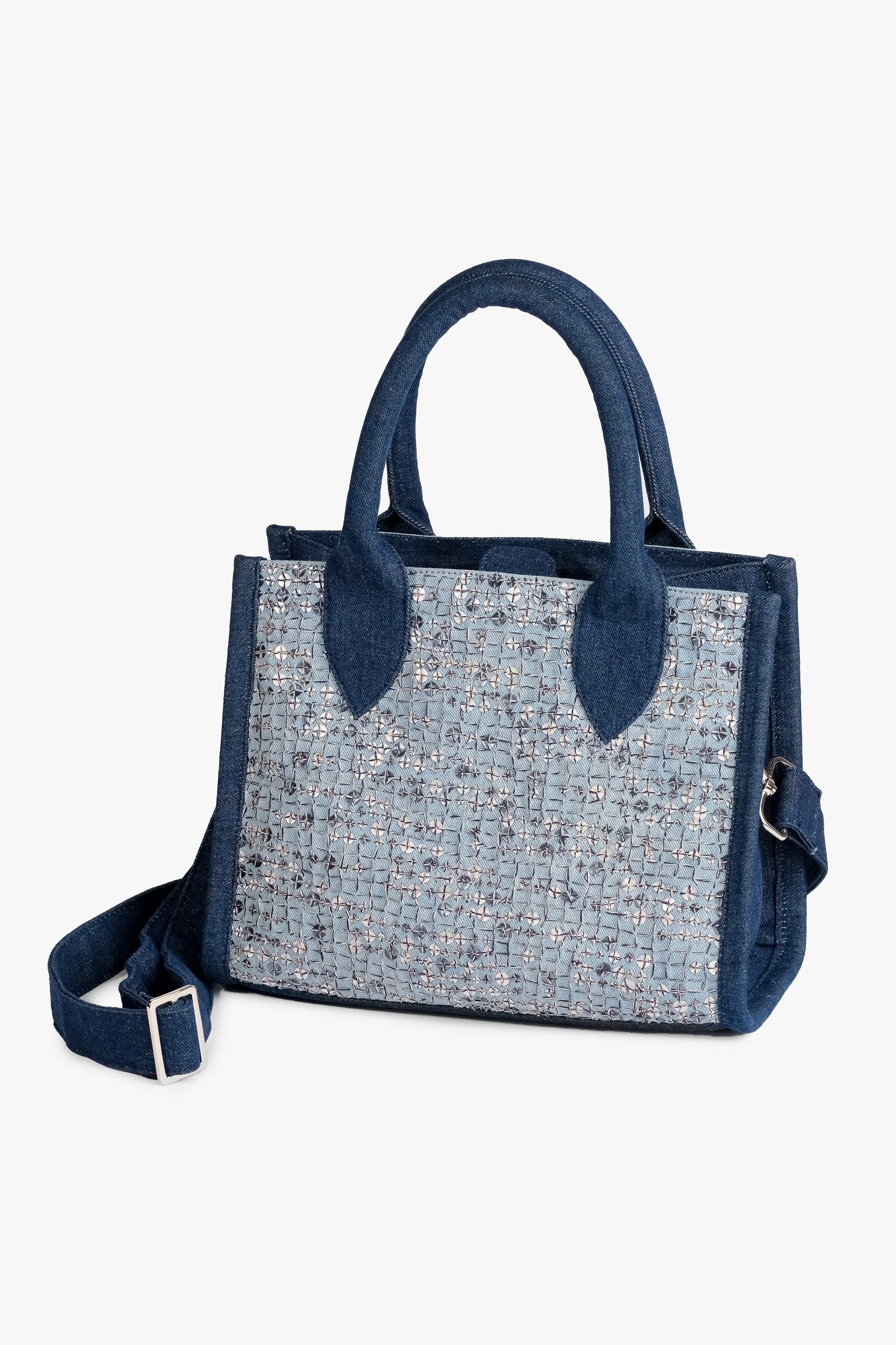 Acambha Handmade Tote Bag with multi-color embroidery on dark denim. Handcrafted with care, combining fashion with functionality in a spacious, durable design