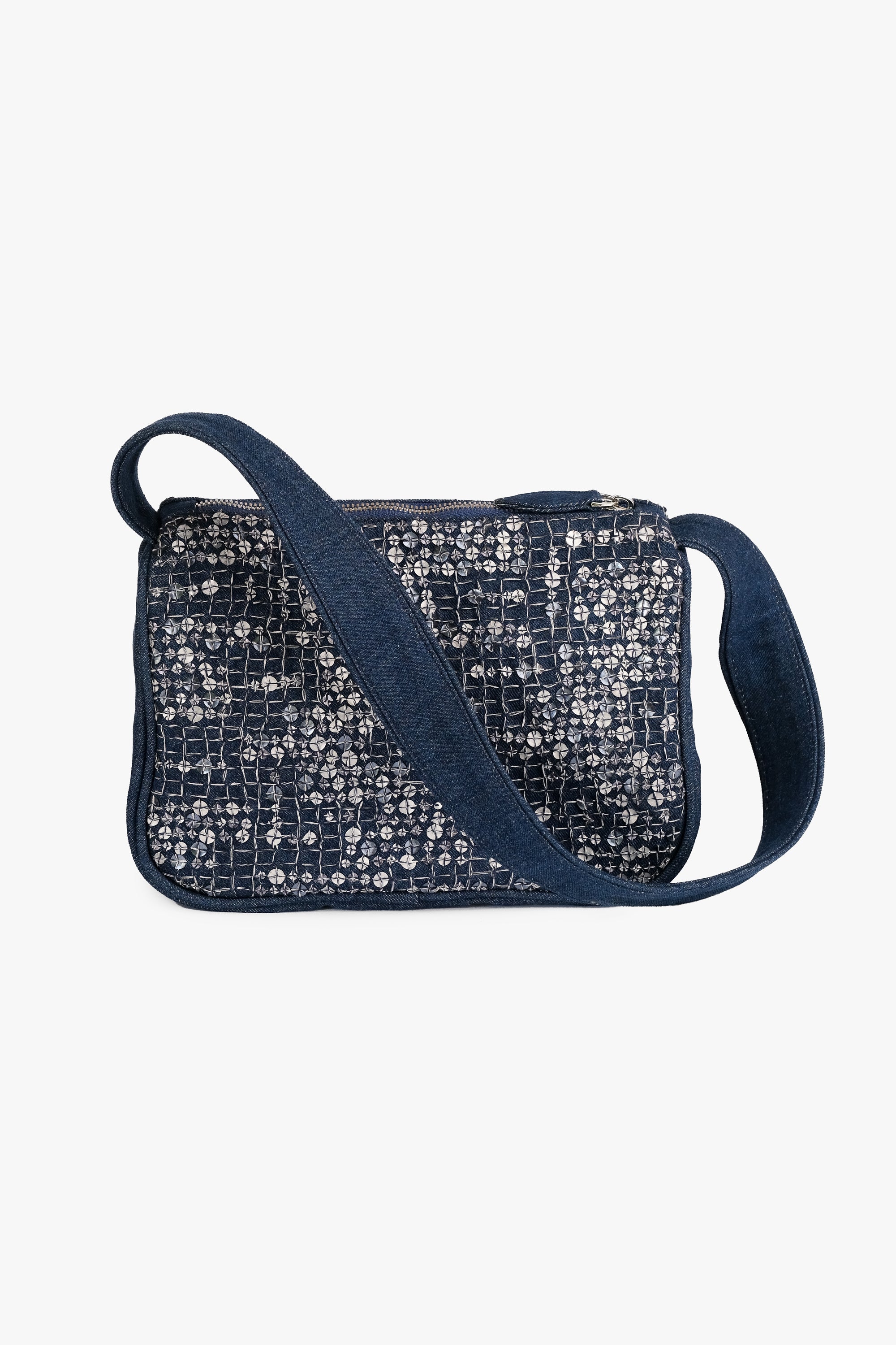 Acambha's Zipper Shoulder Bag with multi-colored sequins and dark blue hand-embroidery. Features a secure zipper closure, combining fashion and functionality