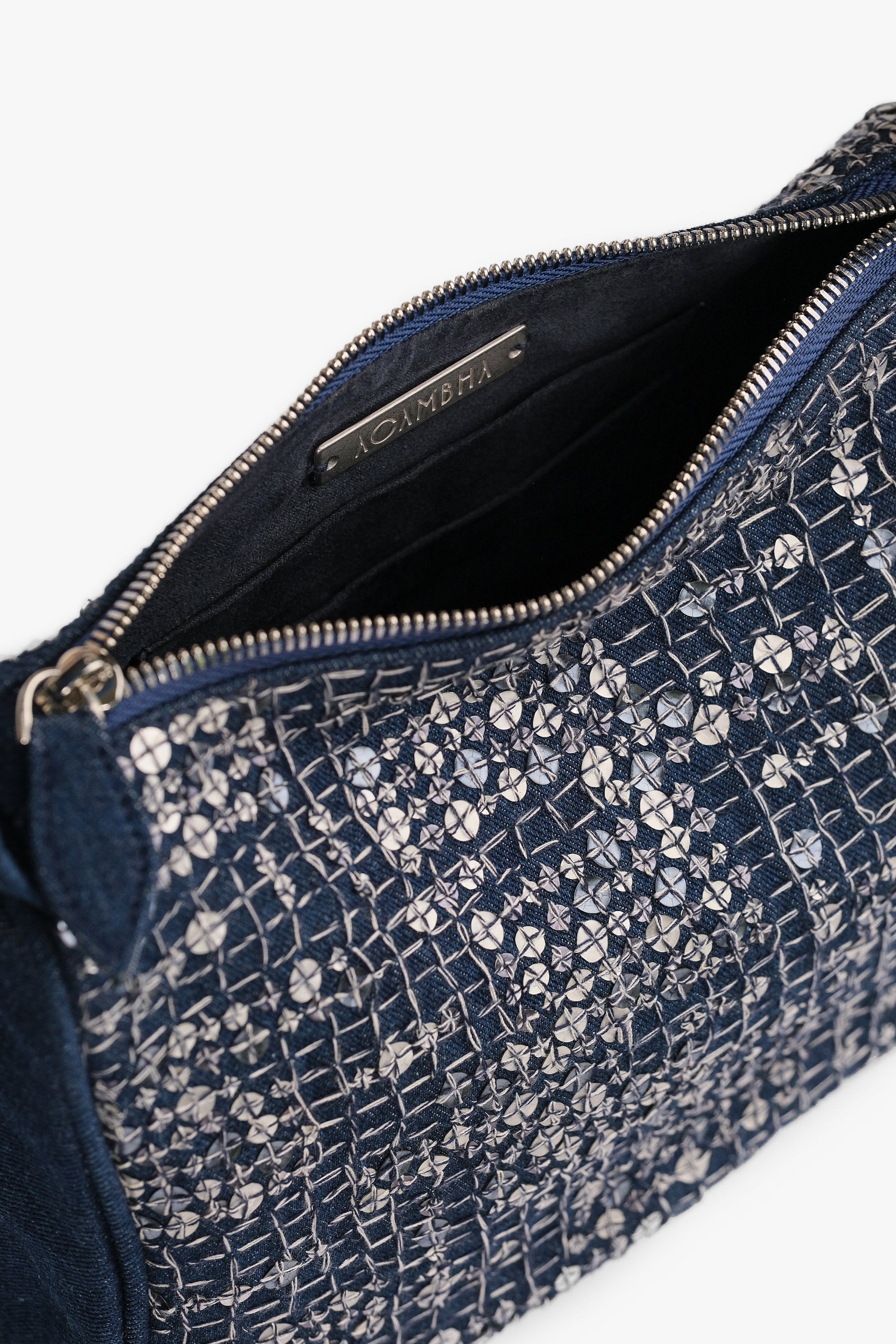 Acambha's Zipper Shoulder Bag with multi-colored sequins and dark blue hand-embroidery. Features a secure zipper closure, combining fashion and functionality